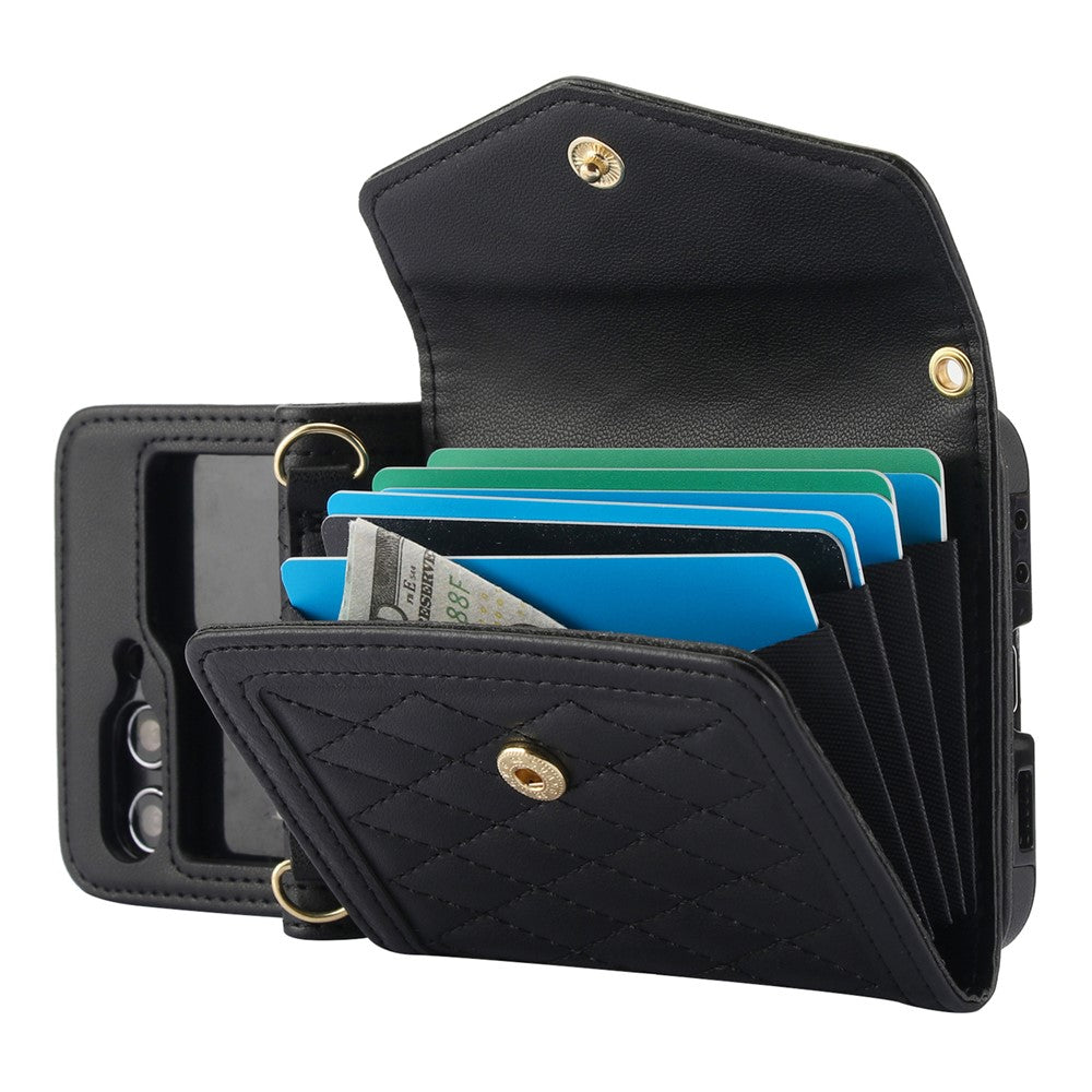 For Samsung Galaxy Z Flip7 FE 5G / Z Flip6 5G Case Card Holders PU Leather+PC Phone Cover with Detachable Shoulder Strap