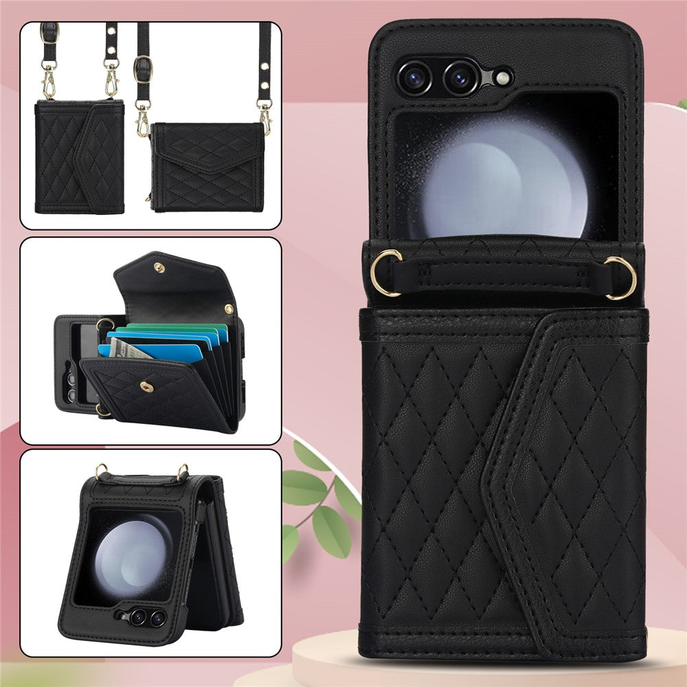 For Samsung Galaxy Z Flip7 FE 5G / Z Flip6 5G Case Card Holders PU Leather+PC Phone Cover with Detachable Shoulder Strap