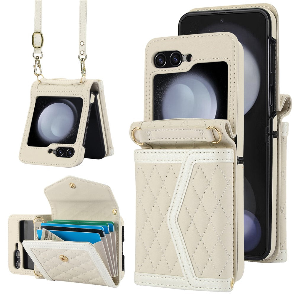For Samsung Galaxy Z Flip7 FE 5G / Z Flip6 5G Case Card Holders PU Leather+PC Phone Cover with Detachable Shoulder Strap