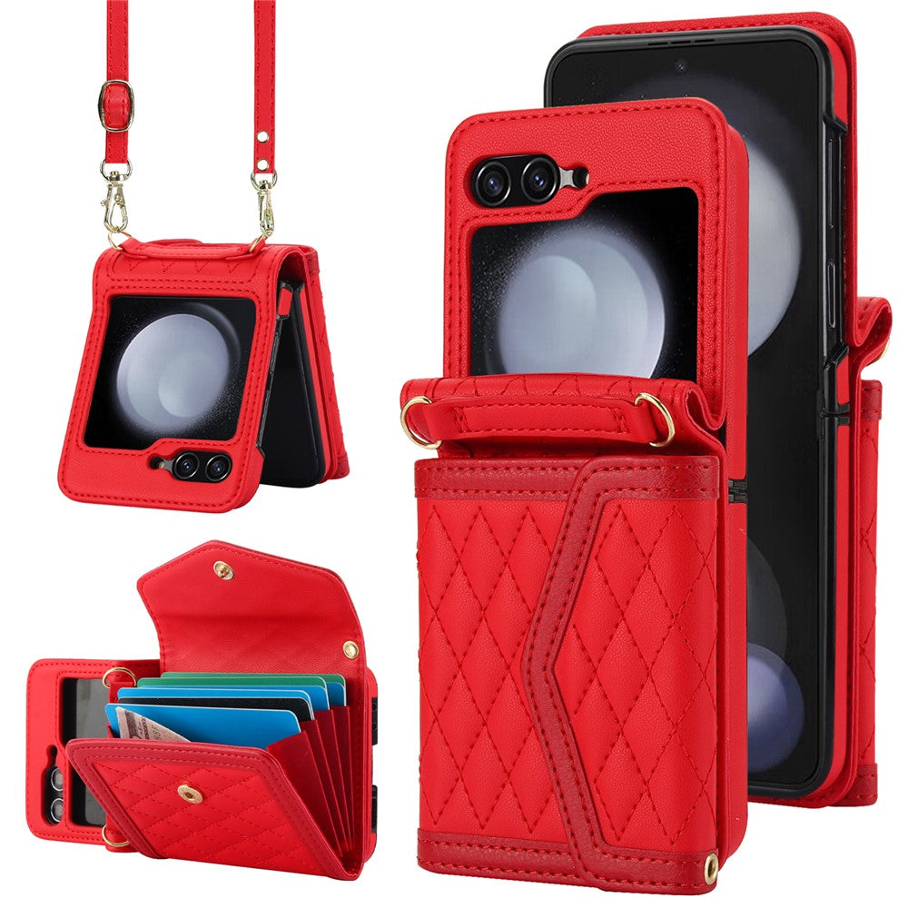 For Samsung Galaxy Z Flip7 FE 5G / Z Flip6 5G Case Card Holders PU Leather+PC Phone Cover with Detachable Shoulder Strap