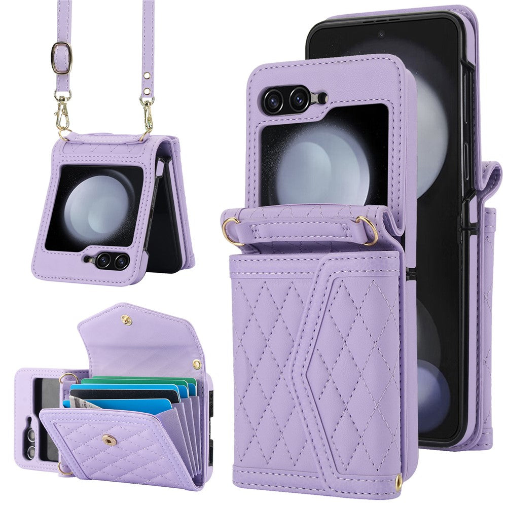 For Samsung Galaxy Z Flip7 FE 5G / Z Flip6 5G Case Card Holders PU Leather+PC Phone Cover with Detachable Shoulder Strap