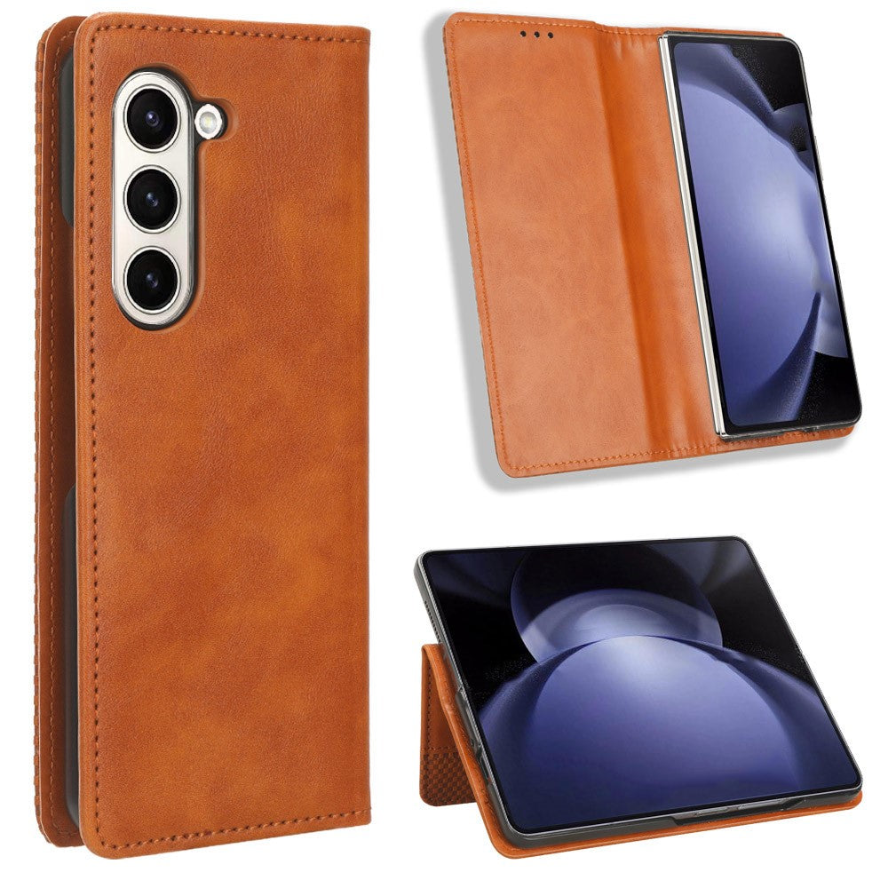 Til Samsung Galaxy Z Fold6 5G Etui PU Læder Retro Telefon Stativ Cover