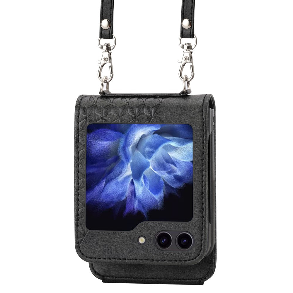 For Samsung Galaxy Z Flip7 FE 5G / Z Flip6 5G Case Calf Texture PU Leather Phone Cover with Shoulder Strap