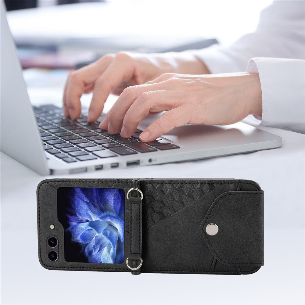 For Samsung Galaxy Z Flip7 FE 5G / Z Flip6 5G Case Calf Texture PU Leather Phone Cover with Shoulder Strap