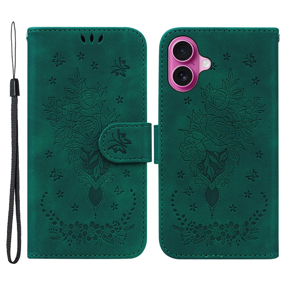 Til iPhone 16 Plus Pung Etui PU Læder Telefoncover Sommerfugl Blomst Tryk
