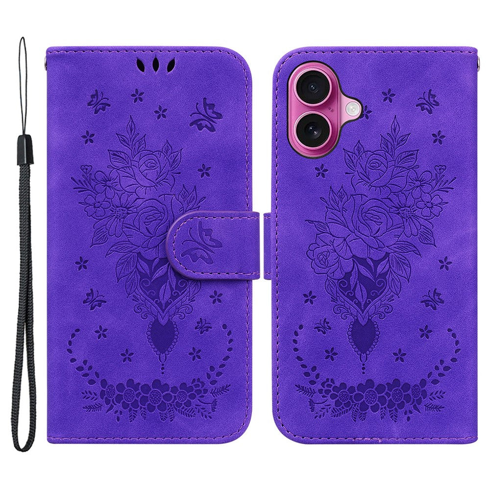 Til iPhone 16 Plus Pung Etui PU Læder Telefoncover Sommerfugl Blomst Tryk