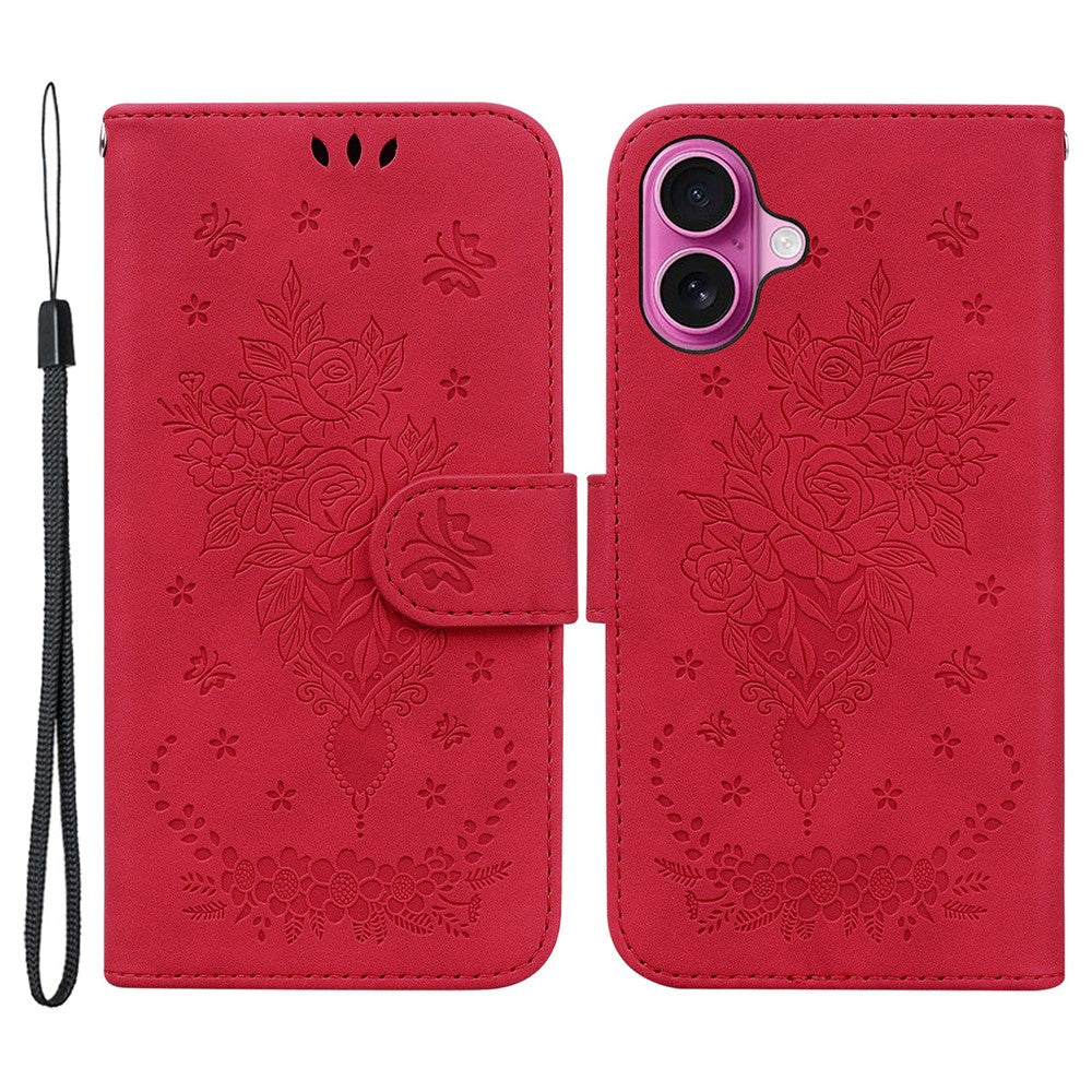 Til iPhone 16 Plus Pung Etui PU Læder Telefoncover Sommerfugl Blomst Tryk
