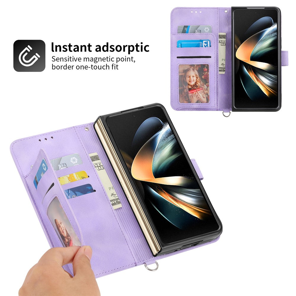 For Samsung Galaxy Z Fold6 5G Leather Case Multiple Card Slots Phone Cover with 2 Straps