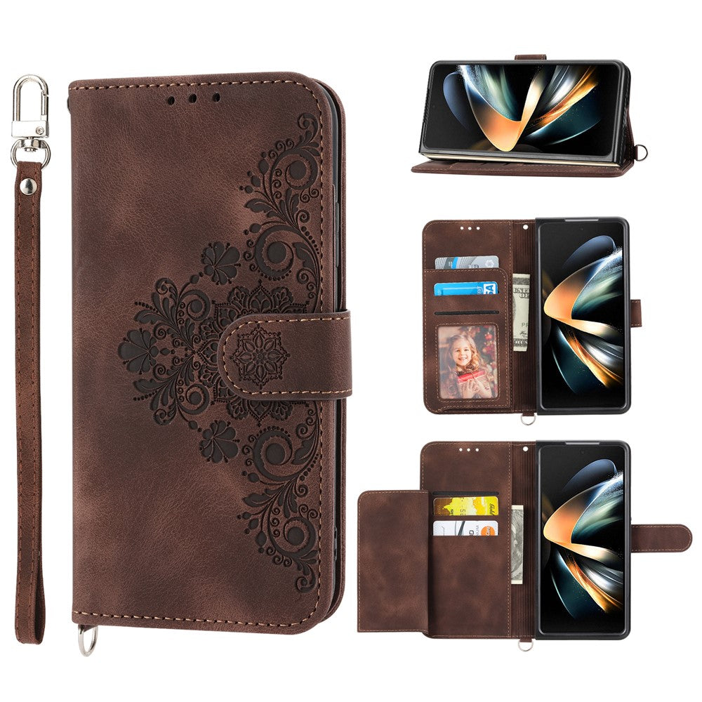 For Samsung Galaxy Z Fold6 5G Leather Case Multiple Card Slots Phone Cover with 2 Straps