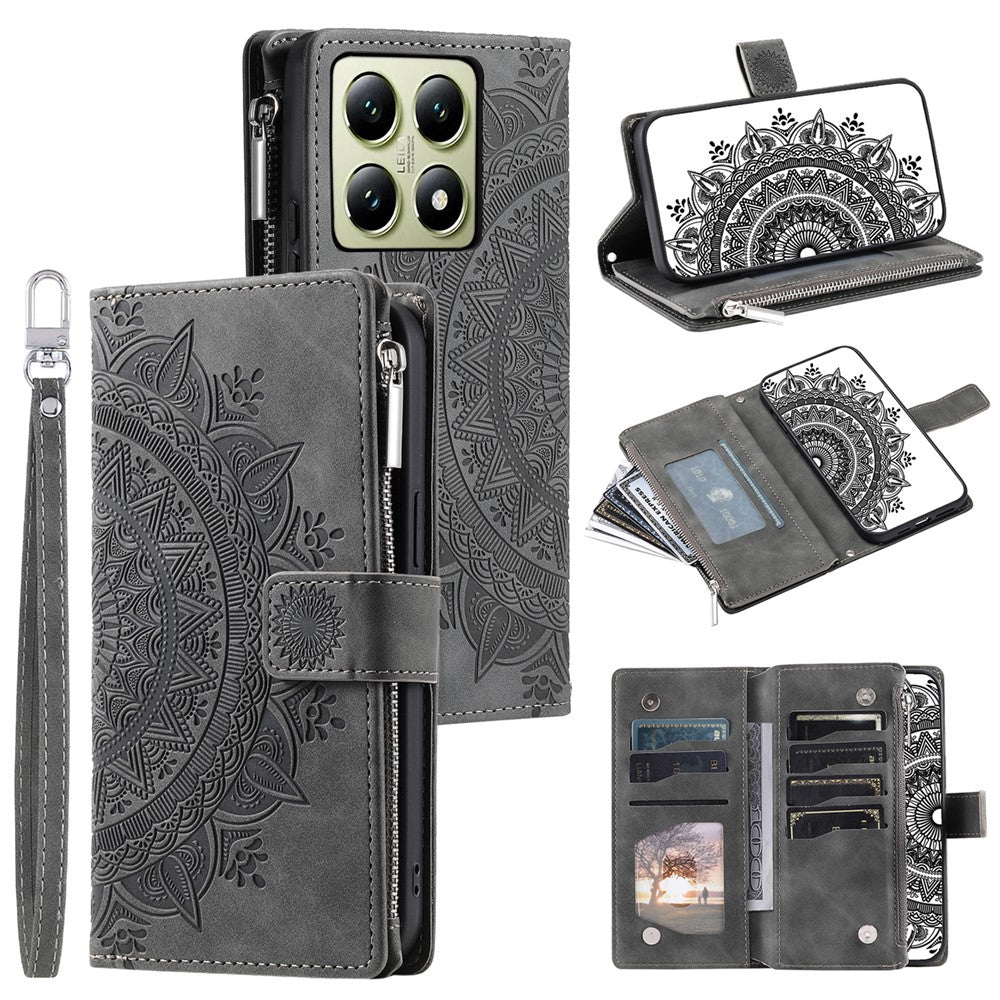 Style 006 For Xiaomi 14T Phone Case Mandala Flower Pattern PU Leather Zipper Wallet Stand Cover