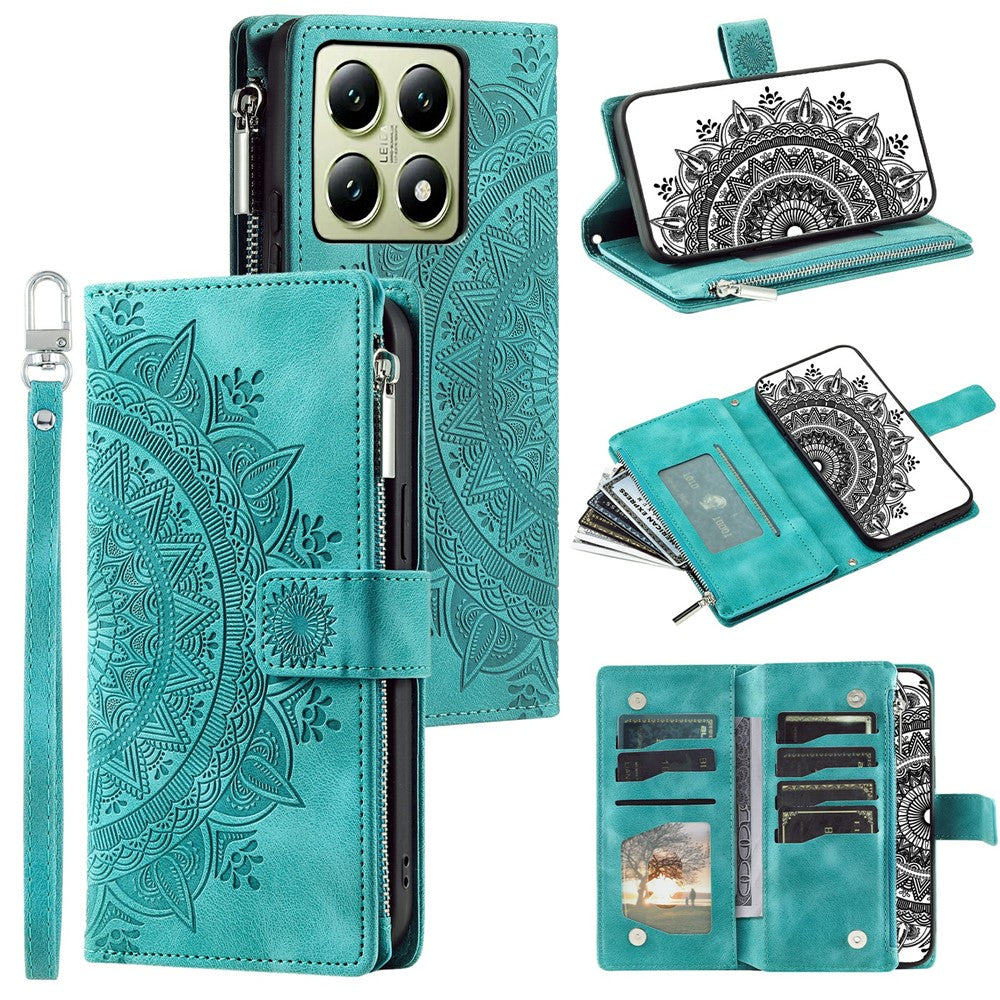Style 006 For Xiaomi 14T Phone Case Mandala Flower Pattern PU Leather Zipper Wallet Stand Cover