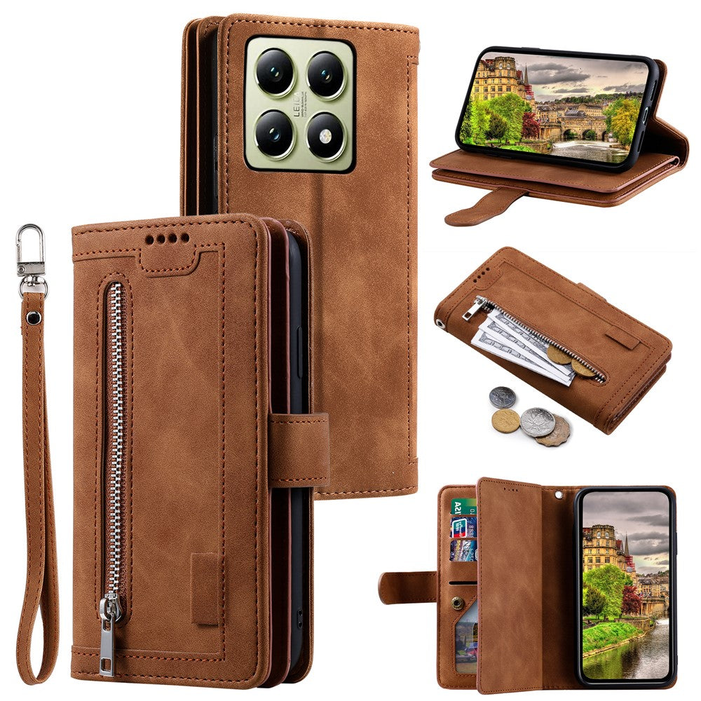 For Xiaomi 14T Phone Case Zipper Pocket 9 Card Slots PU Leather Flip Cover