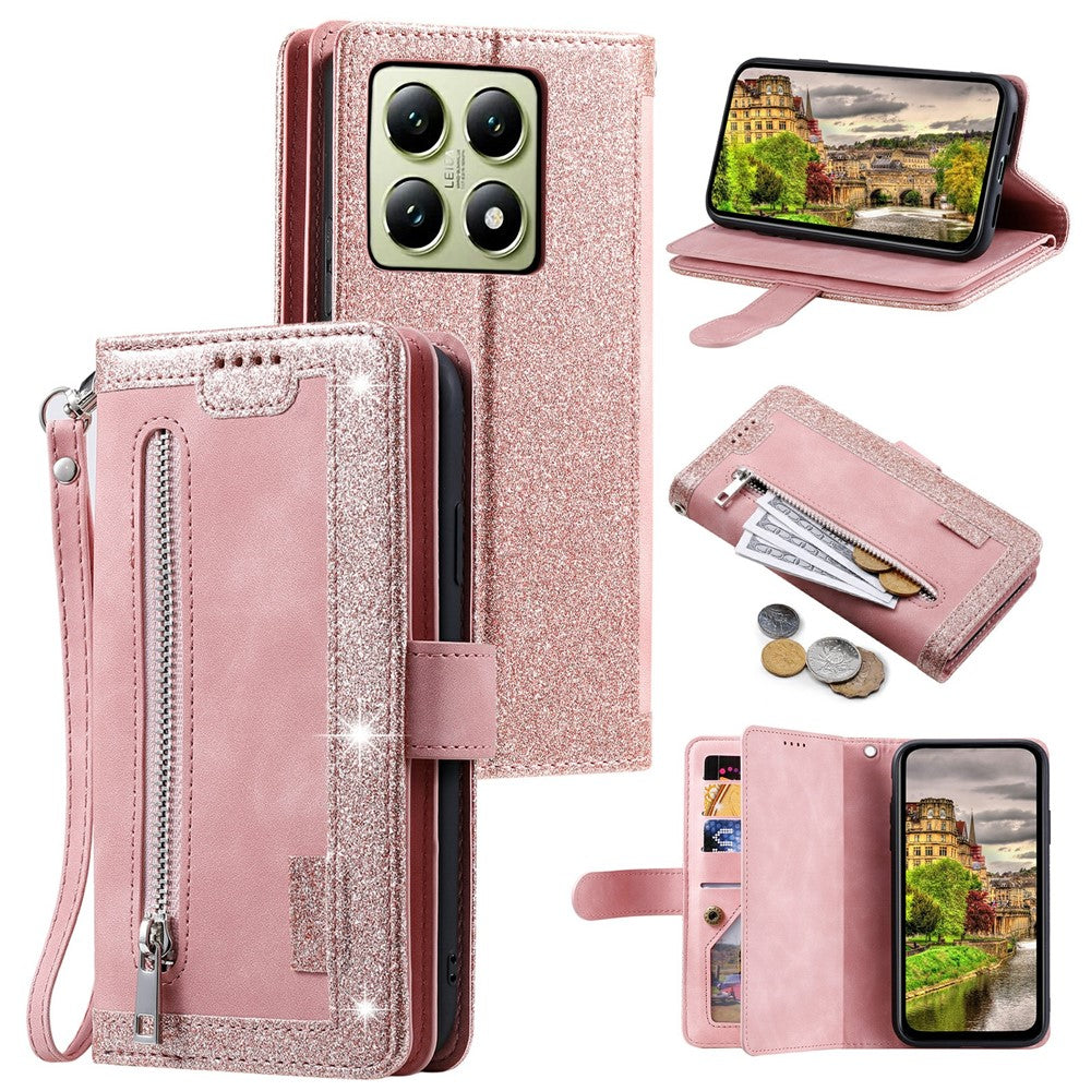 For Xiaomi 14T Phone Case Zipper Pocket 9 Card Slots PU Leather Flip Cover