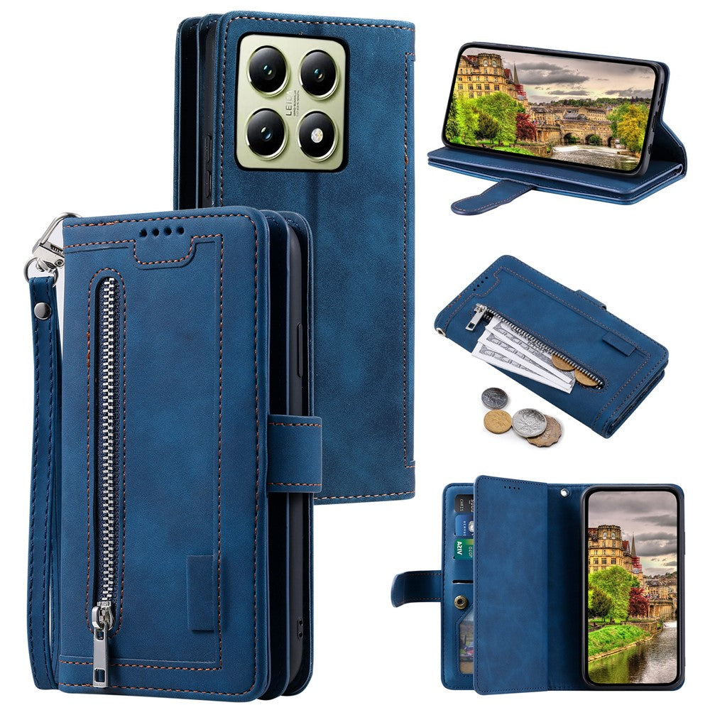 For Xiaomi 14T Phone Case Zipper Pocket 9 Card Slots PU Leather Flip Cover