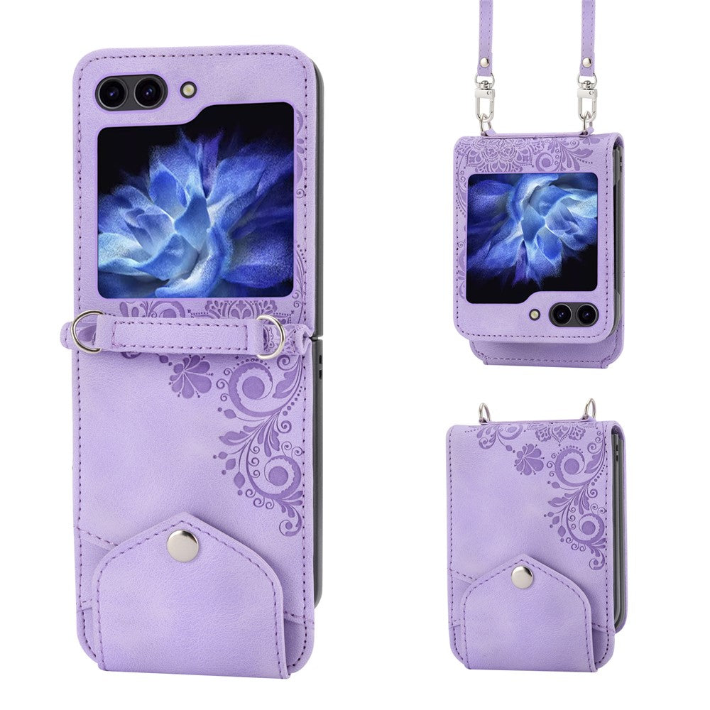 For Samsung Galaxy Z Flip7 FE 5G / Z Flip6 5G Leather Case Multiple Card Slots Phone Cover with Shoulder Strap