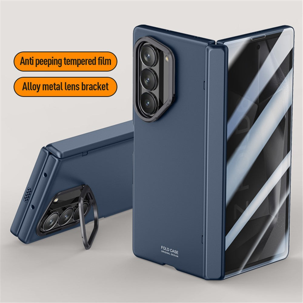 For Samsung Galaxy Z Fold6 5G Case PC Hard Phone Cover with Anti-spy Film, Lens Frame Kickstand