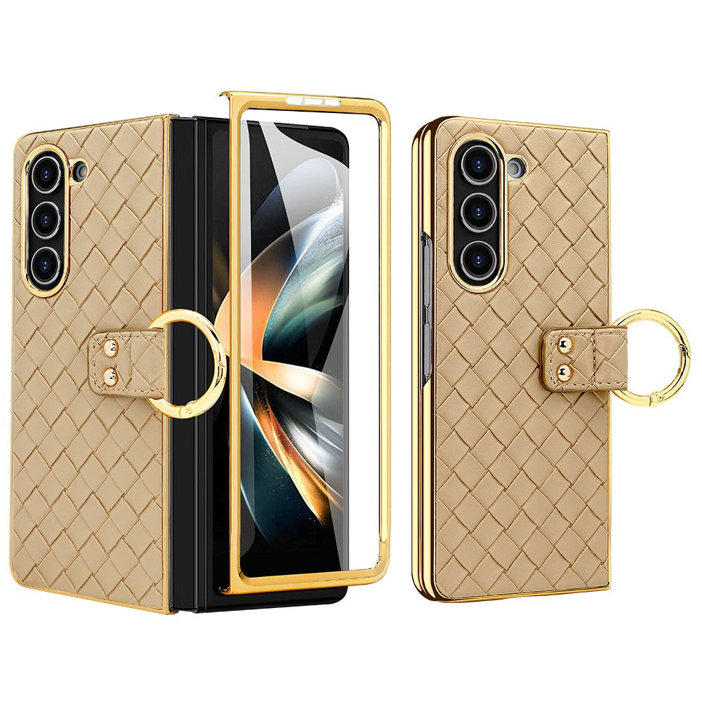 For Samsung Galaxy Z Fold5 5G Case Woven Texture Leather+PC Phone Cover with Back Screen Film