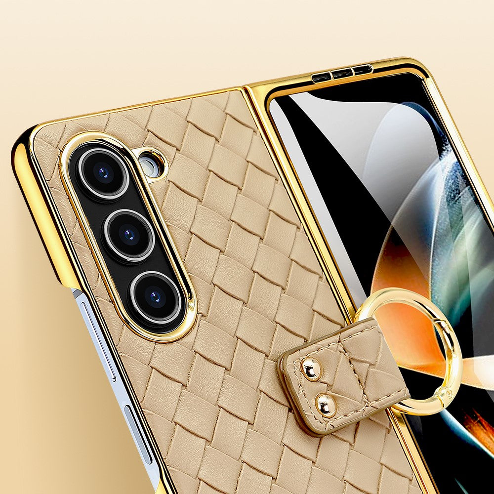 For Samsung Galaxy Z Fold5 5G Case Woven Texture Leather+PC Phone Cover with Back Screen Film