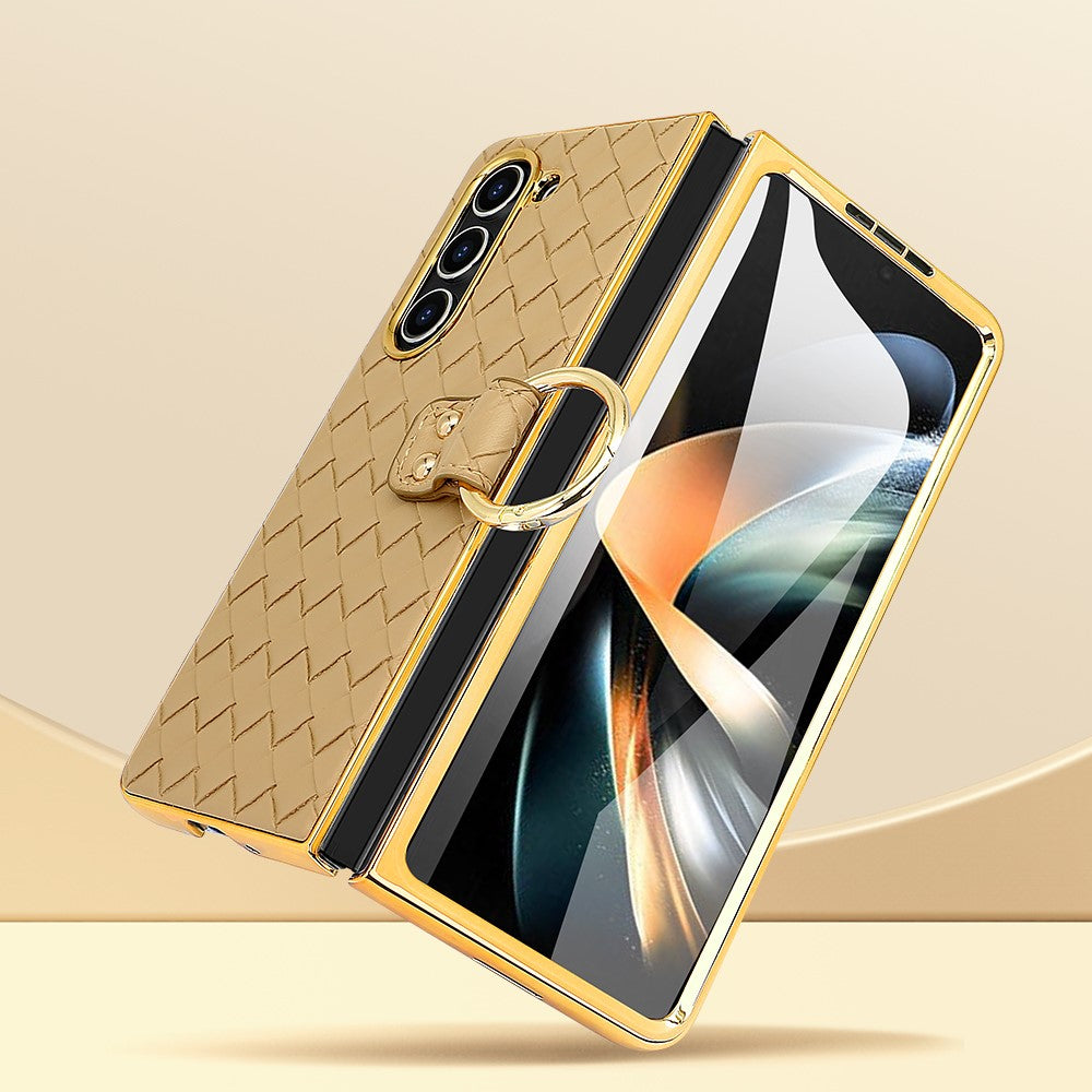 For Samsung Galaxy Z Fold5 5G Case Woven Texture Leather+PC Phone Cover with Back Screen Film