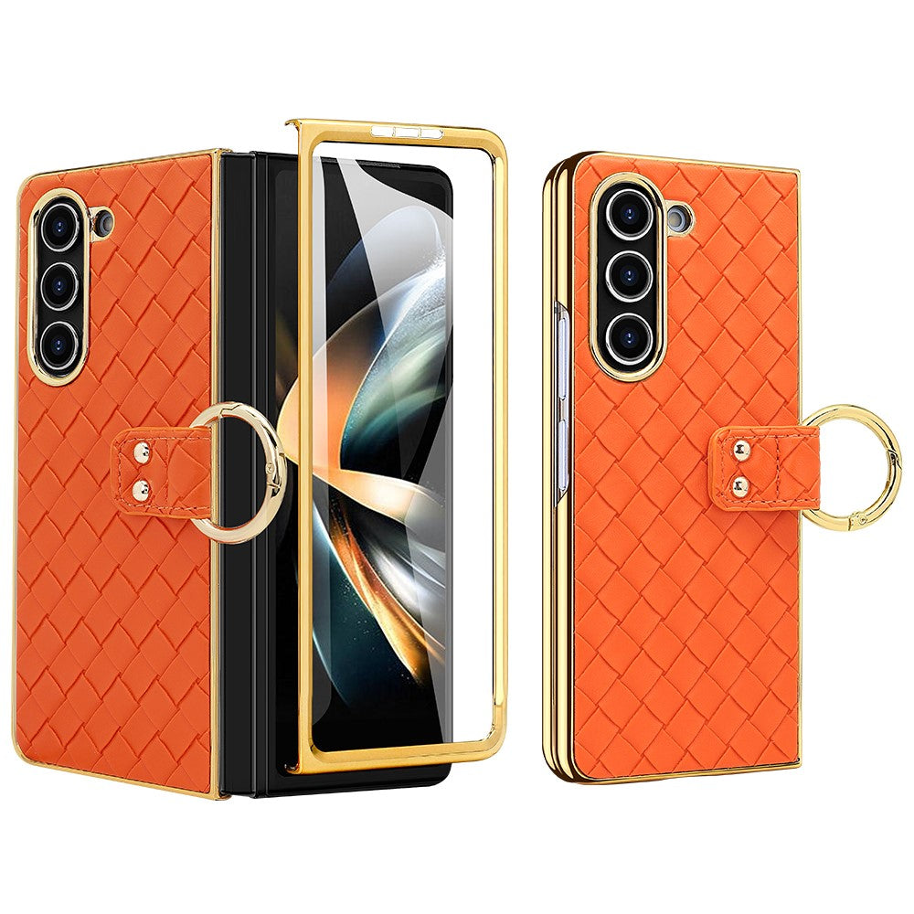 For Samsung Galaxy Z Fold5 5G Case Woven Texture Leather+PC Phone Cover with Back Screen Film