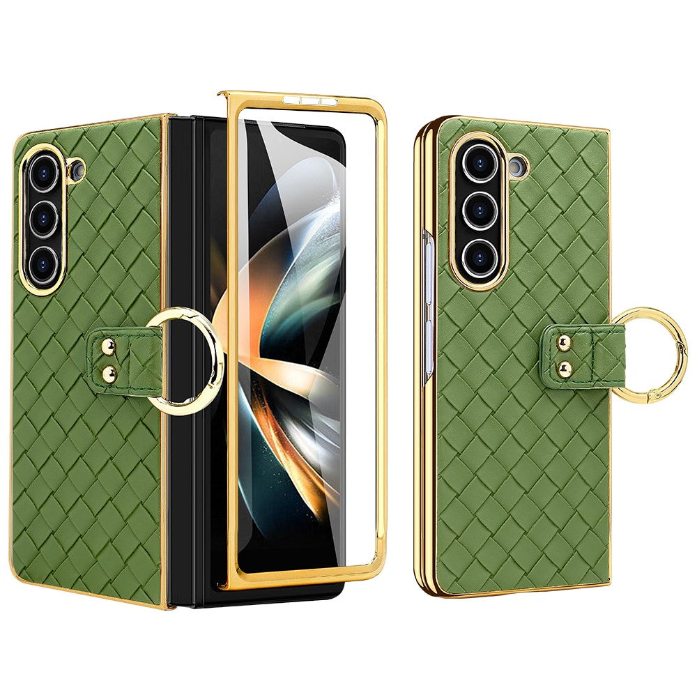 For Samsung Galaxy Z Fold5 5G Case Woven Texture Leather+PC Phone Cover with Back Screen Film