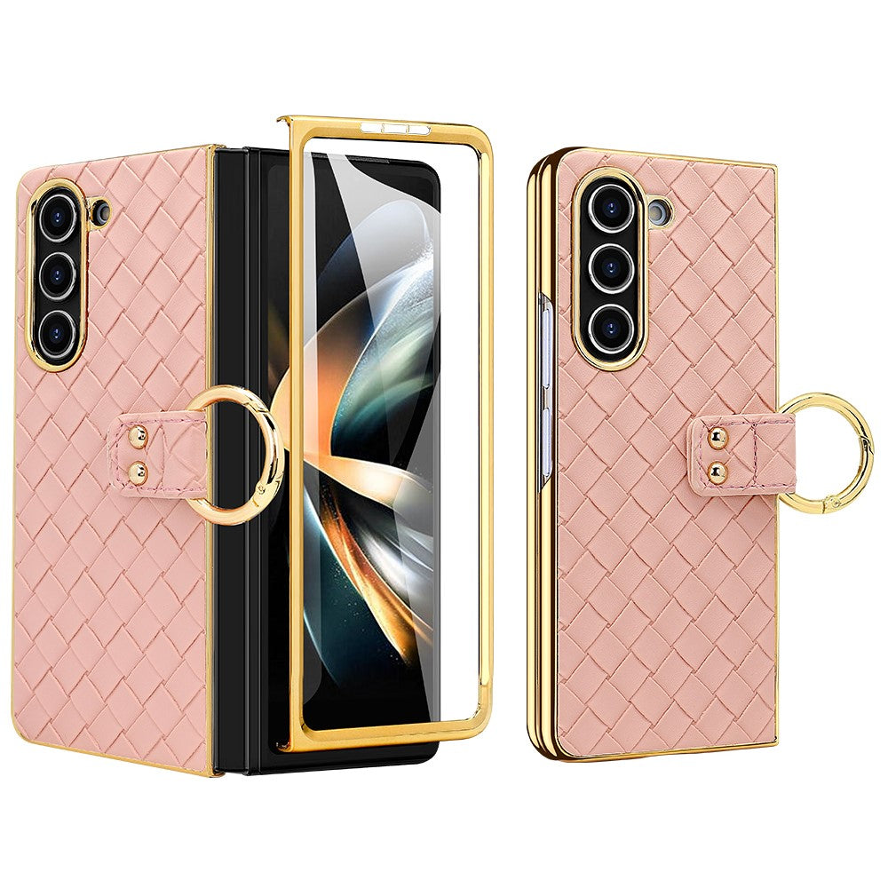 For Samsung Galaxy Z Fold5 5G Case Woven Texture Leather+PC Phone Cover with Back Screen Film