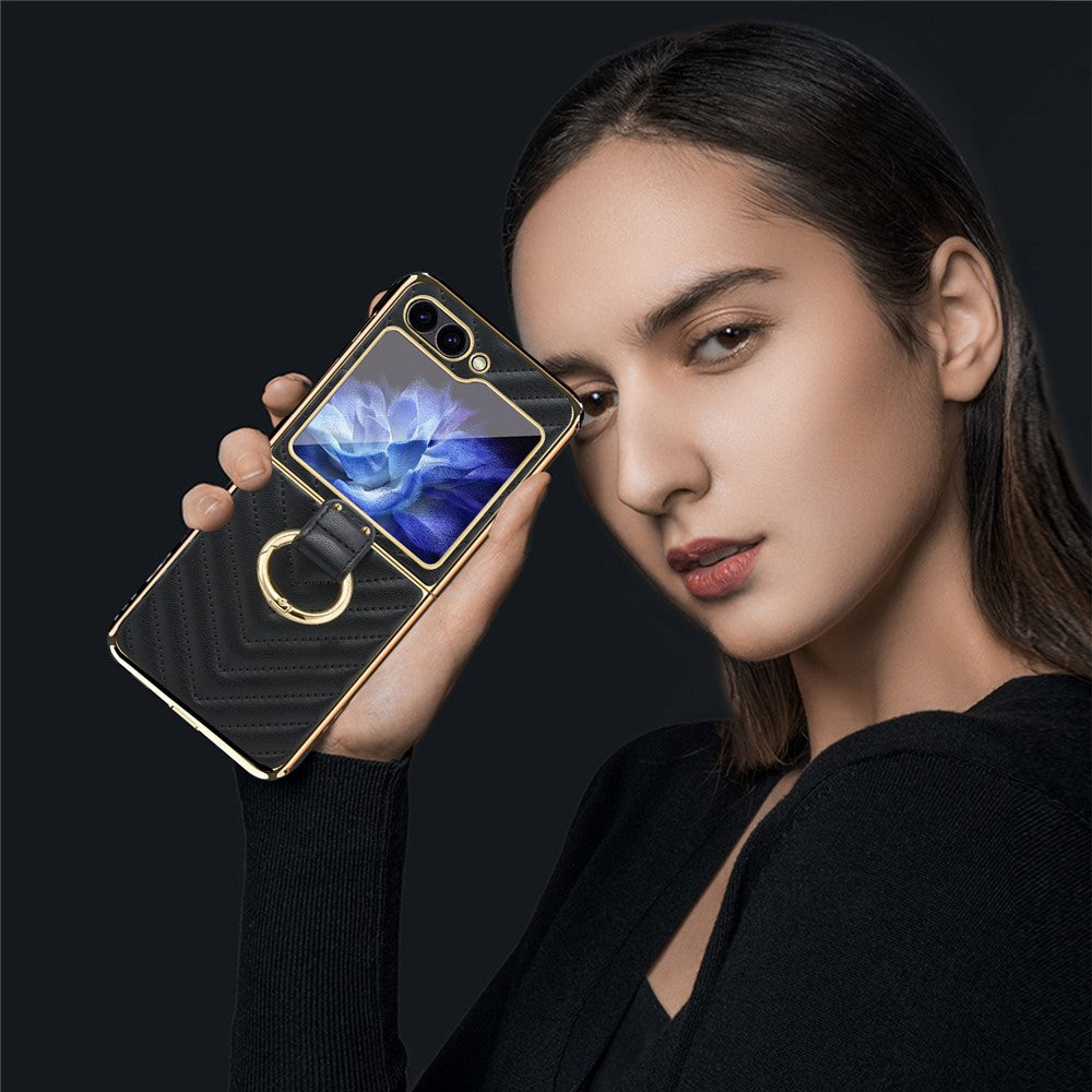 For Samsung Galaxy Z Flip7 FE 5G / Z Flip6 5G Case V-Shape Pattern Kickstand PC Phone Cover