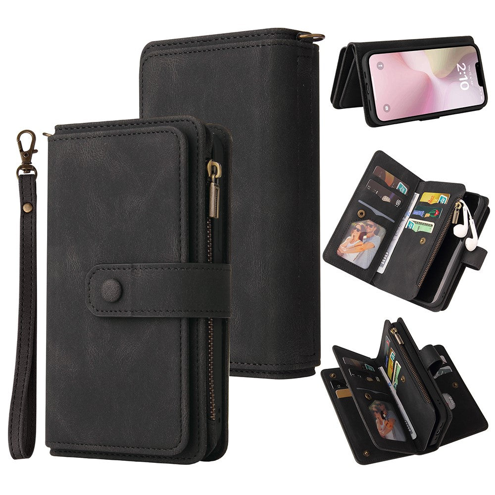 For iPhone 17e / 16e Zipper Wallet Case with 15 Card Slots and Strap Leather Phone Cover