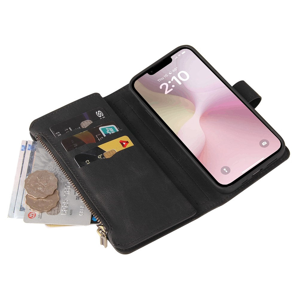 For iPhone 17e / 16e Zipper Wallet Case with 15 Card Slots and Strap Leather Phone Cover