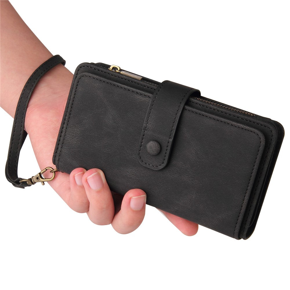 For iPhone 17e / 16e Zipper Wallet Case with 15 Card Slots and Strap Leather Phone Cover
