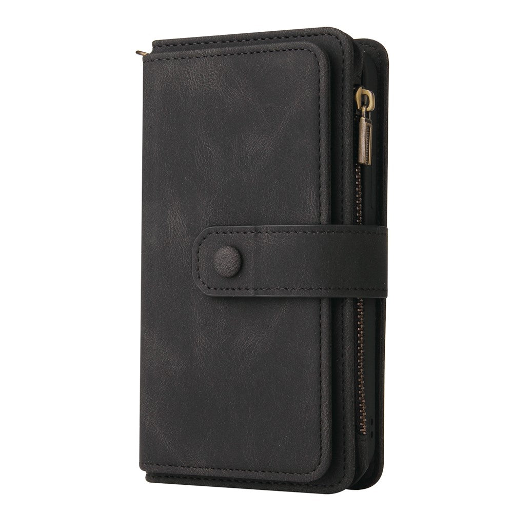 For iPhone 17e / 16e Zipper Wallet Case with 15 Card Slots and Strap Leather Phone Cover