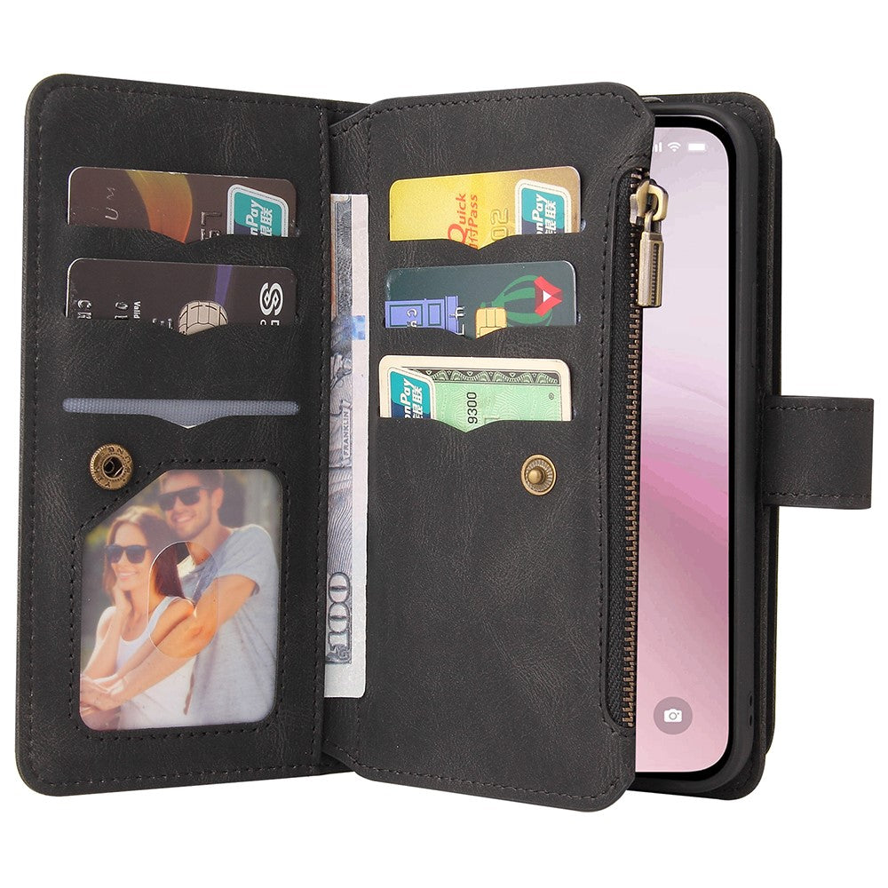 For iPhone 17e / 16e Zipper Wallet Case with 15 Card Slots and Strap Leather Phone Cover