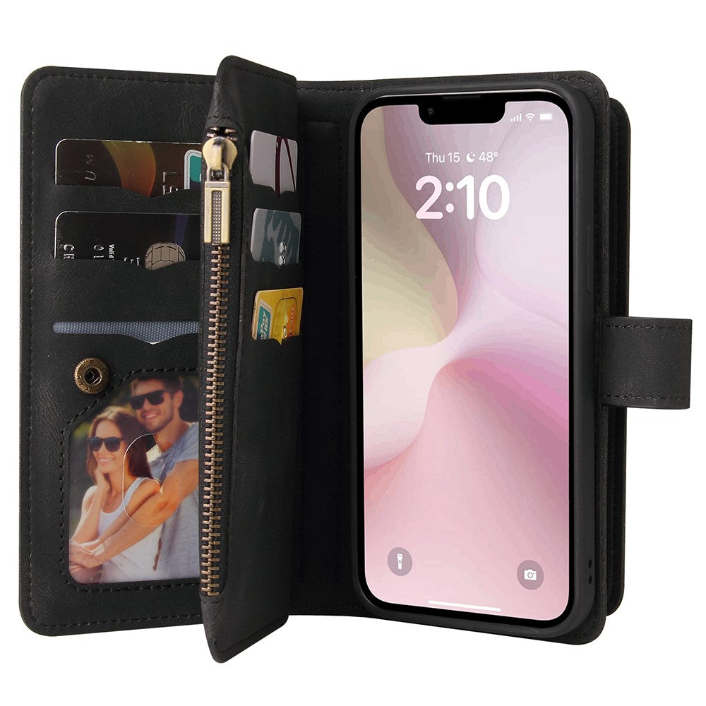 For iPhone 17e / 16e Zipper Wallet Case with 15 Card Slots and Strap Leather Phone Cover