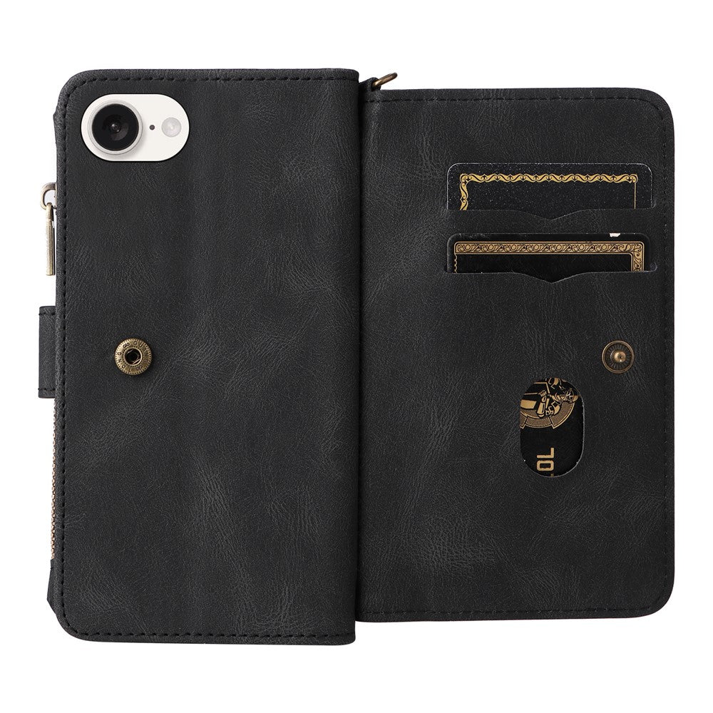 For iPhone 17e / 16e Zipper Wallet Case with 15 Card Slots and Strap Leather Phone Cover