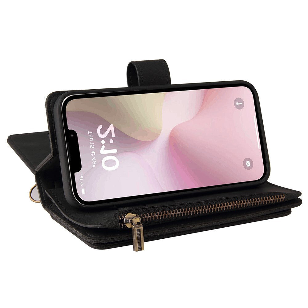 For iPhone 17e / 16e Zipper Wallet Case with 15 Card Slots and Strap Leather Phone Cover