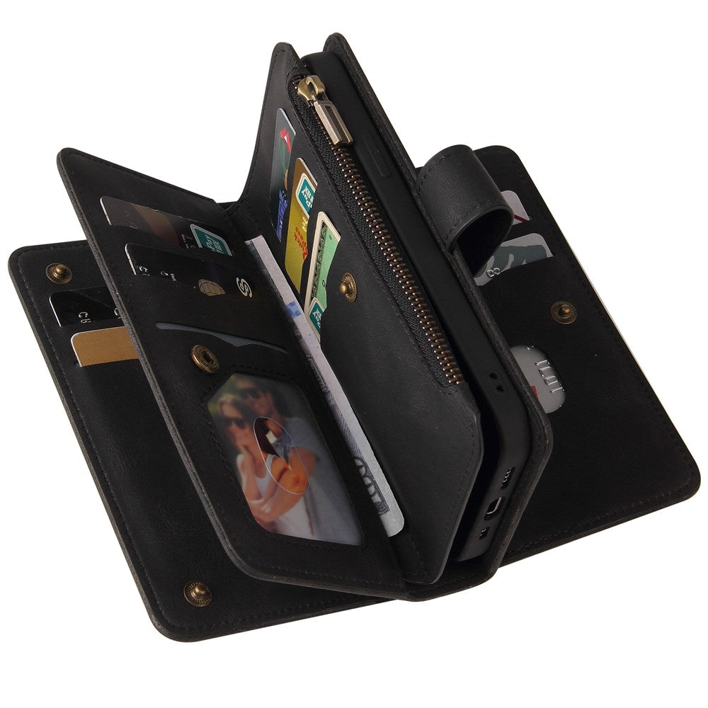 For iPhone 17e / 16e Zipper Wallet Case with 15 Card Slots and Strap Leather Phone Cover