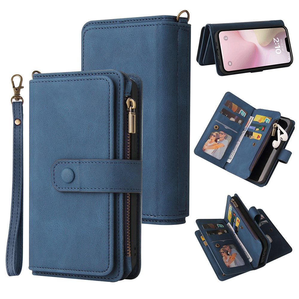 For iPhone 17e / 16e Zipper Wallet Case with 15 Card Slots and Strap Leather Phone Cover