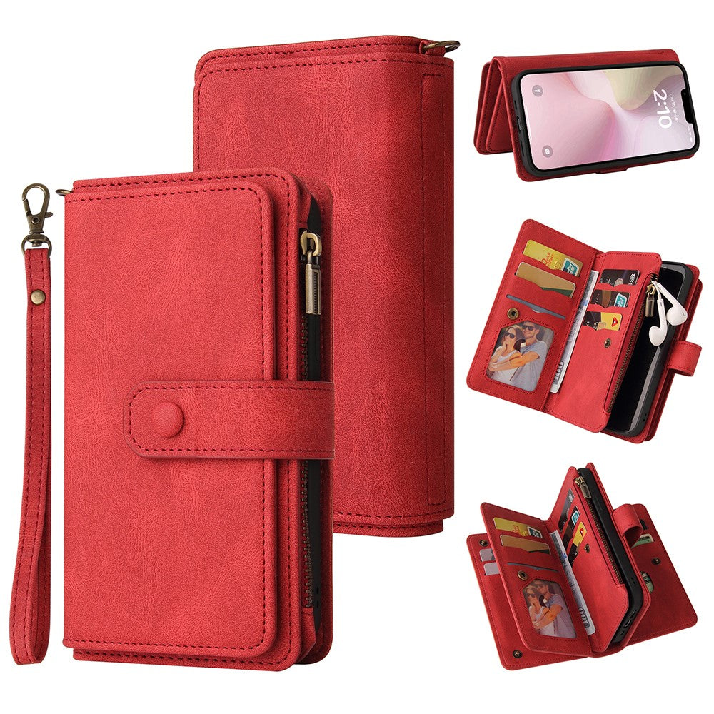For iPhone 17e / 16e Zipper Wallet Case with 15 Card Slots and Strap Leather Phone Cover