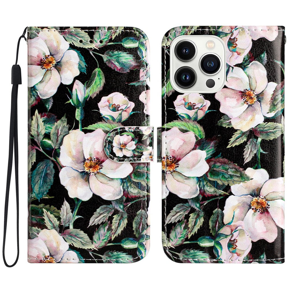 For iPhone 16 Pro Case Pattern Leather Phone Folio Cover with Card Slots Viewing Stand