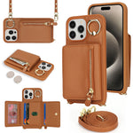Till iPhone 15 Pro Fodral Dragkedjeficka Korthållare Läder+TPU Mobilskal med Ringstativ