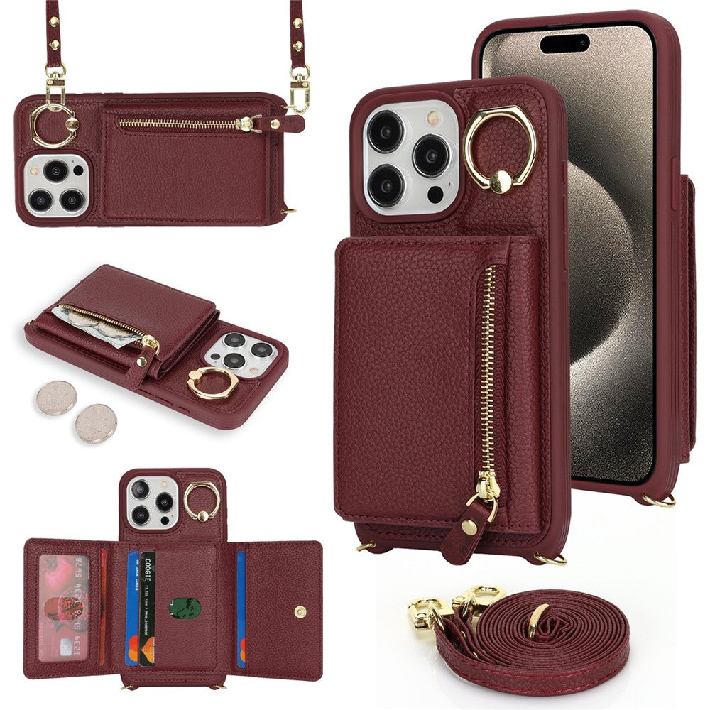 Till iPhone 15 Pro Fodral Dragkedjeficka Korthållare Läder+TPU Mobilskal med Ringstativ