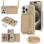 For iPhone 14 Pro Case Card Bag Ring Kickstand PU Leather+TPU Phone Cover with Shoulder Strap