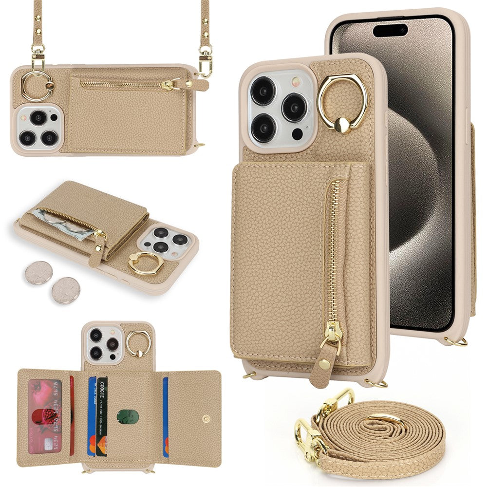 For iPhone 14 Pro Case Card Bag Ring Kickstand PU Leather+TPU Phone Cover with Shoulder Strap