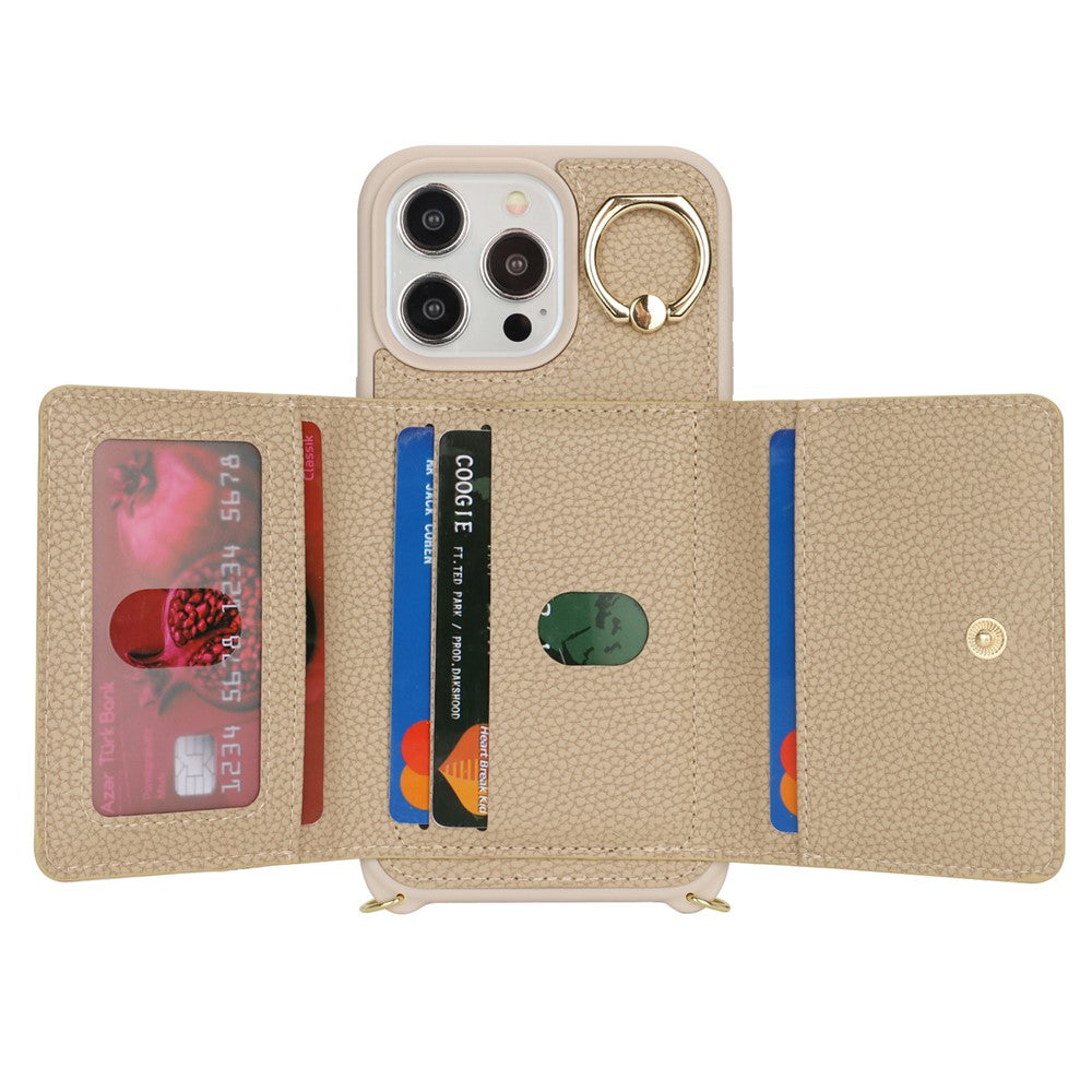 For iPhone 14 Pro Case Card Bag Ring Kickstand PU Leather+TPU Phone Cover with Shoulder Strap