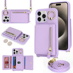 For iPhone 14 Pro Case Card Bag Ring Kickstand PU Leather+TPU Phone Cover with Shoulder Strap