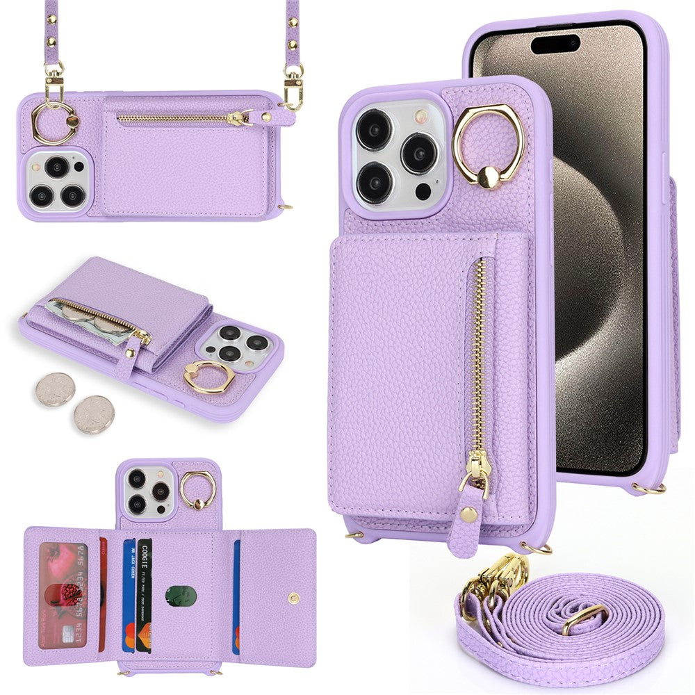 For iPhone 14 Pro Case Card Bag Ring Kickstand PU Leather+TPU Phone Cover with Shoulder Strap