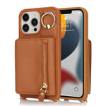 For iPhone 13 Pro Case Zipper Pocket Ring Kickstand PU Leather+TPU Phone Cover with Long Strap