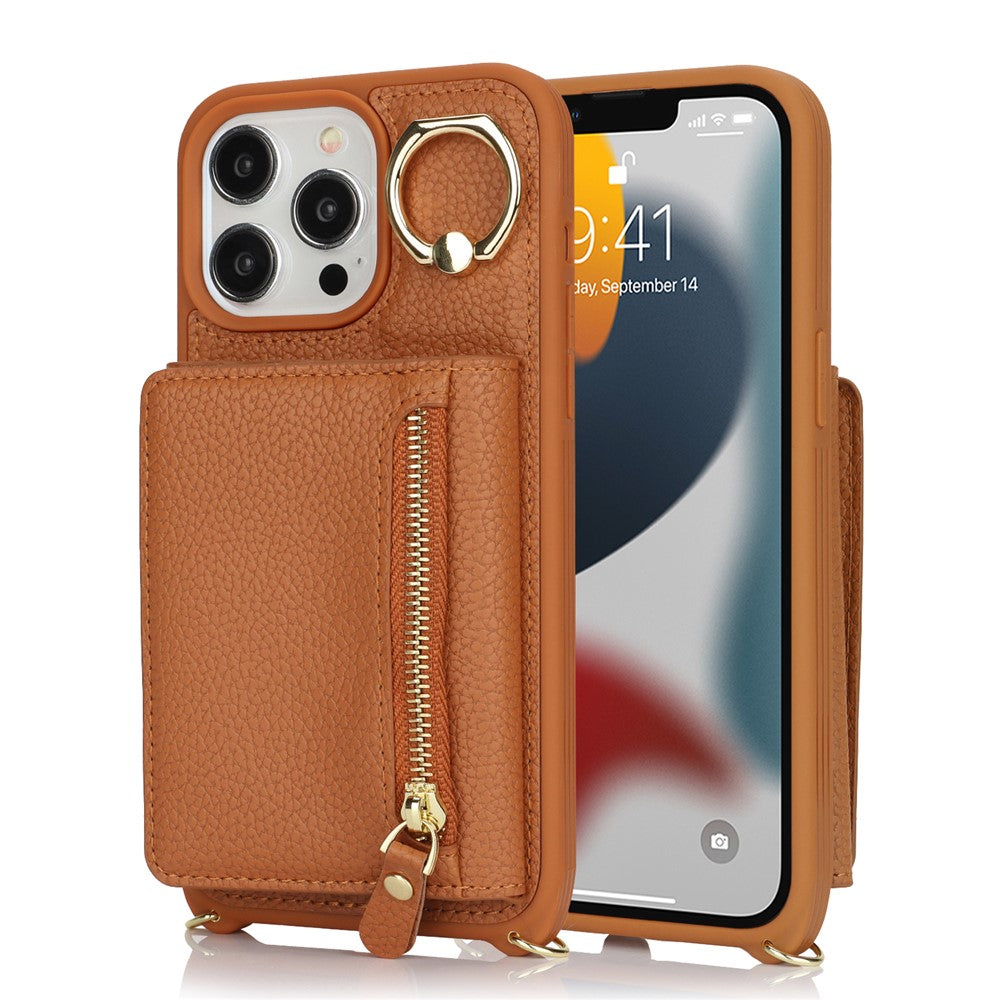 For iPhone 13 Pro Case Zipper Pocket Ring Kickstand PU Leather+TPU Phone Cover with Long Strap