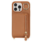 For iPhone 13 Pro Case Zipper Pocket Ring Kickstand PU Leather+TPU Phone Cover with Long Strap