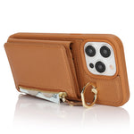 For iPhone 13 Pro Case Zipper Pocket Ring Kickstand PU Leather+TPU Phone Cover with Long Strap